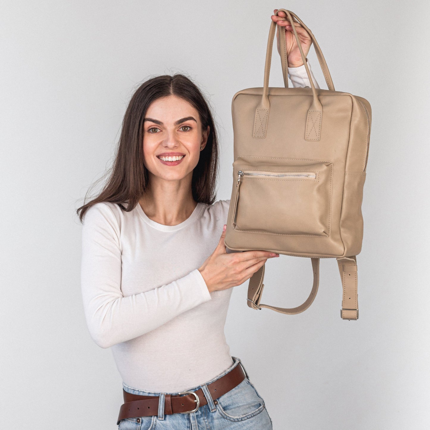 Beige pebbled  leather city backpack