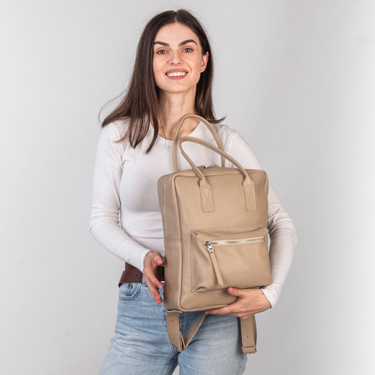 Beige pebbled  leather city backpack