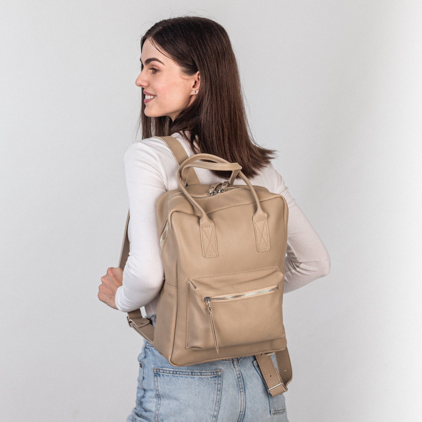 Beige pebbled  leather city backpack