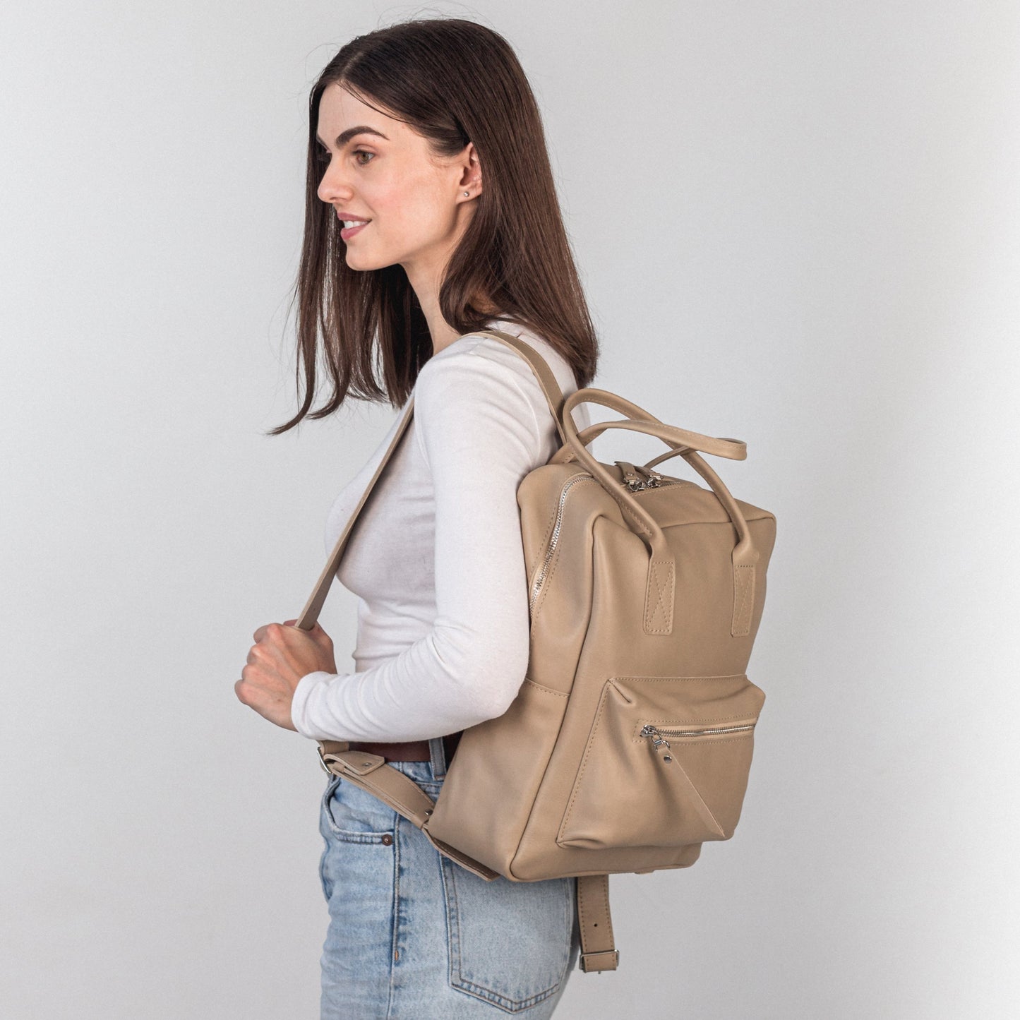 Beige pebbled  leather city backpack