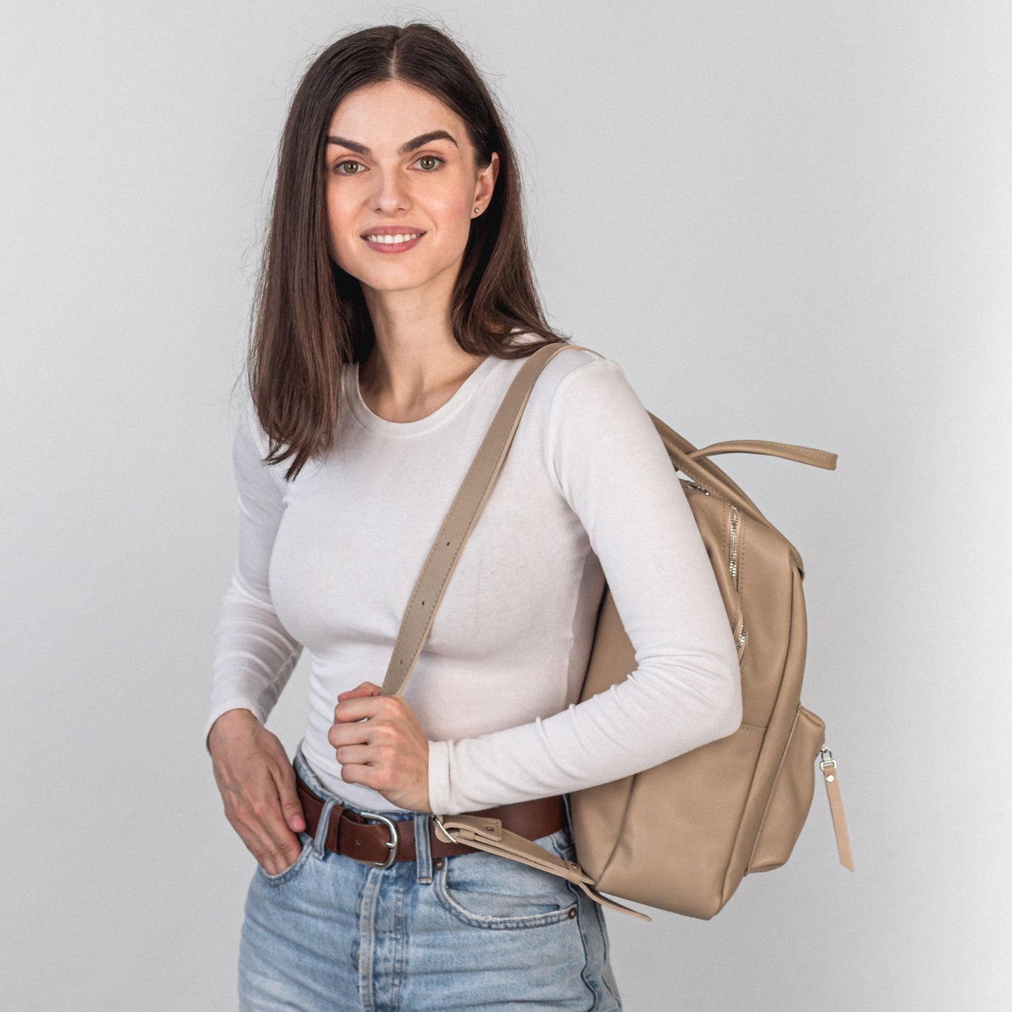 Beige pebbled  leather city backpack