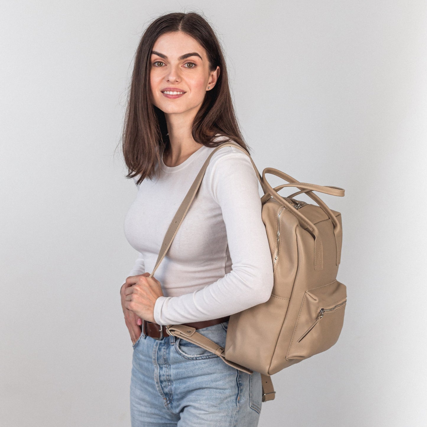 Beige pebbled  leather city backpack