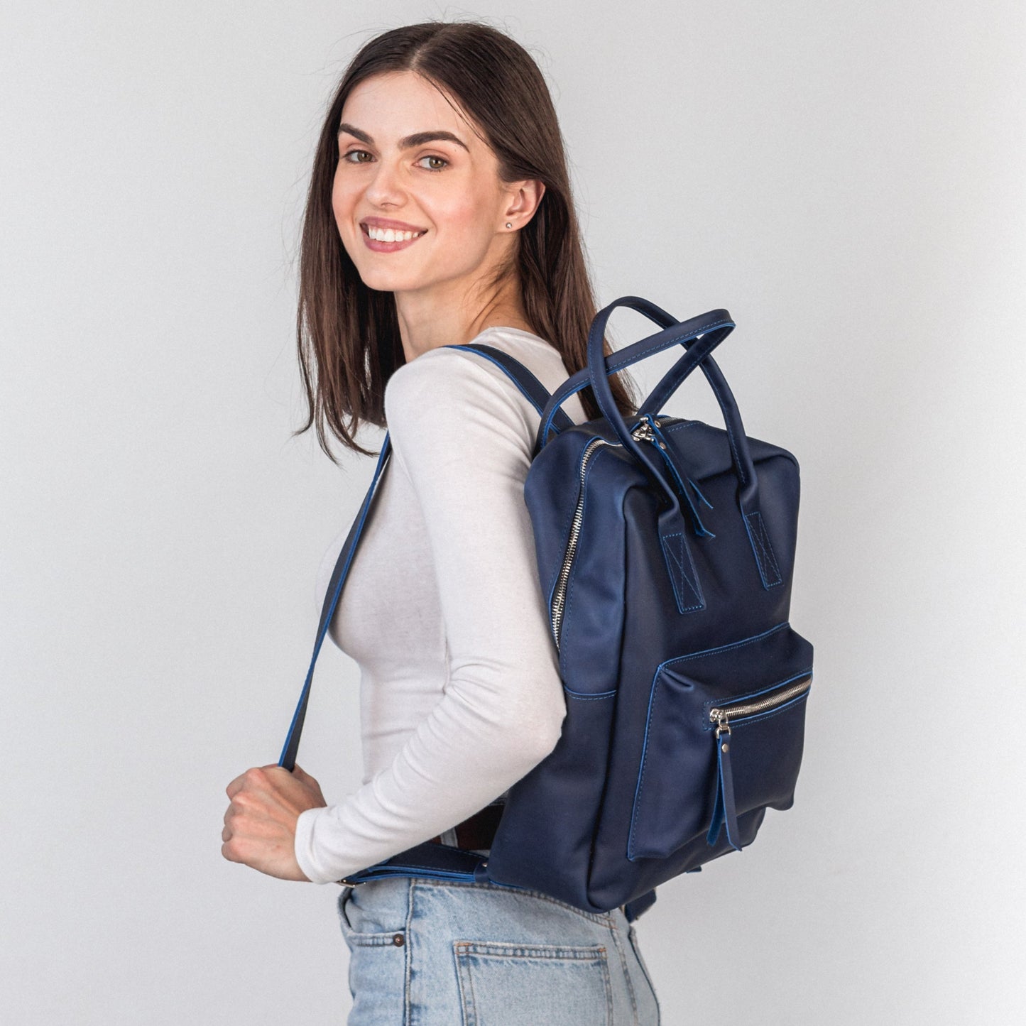 Blue leather city backpack