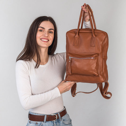 Brown pebbled  leather city backpack