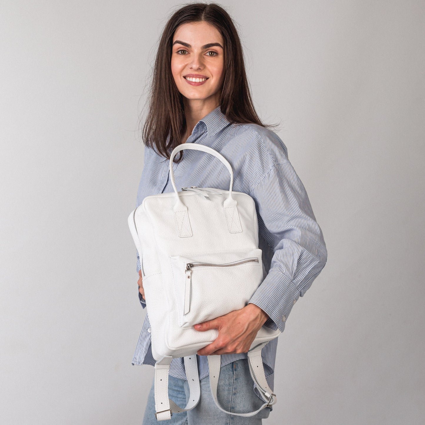 White pebbled  leather city backpack