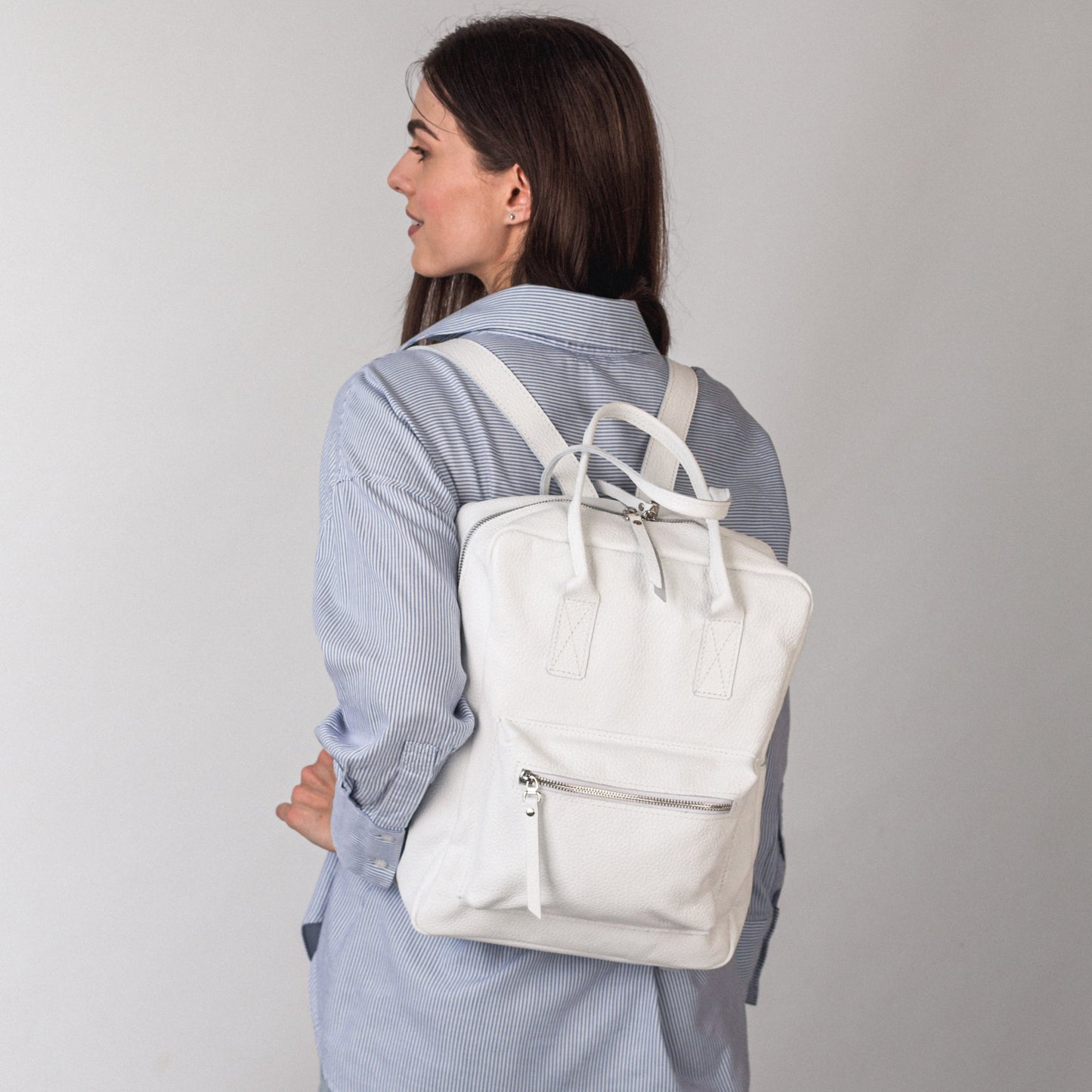 White pebbled  leather city backpack