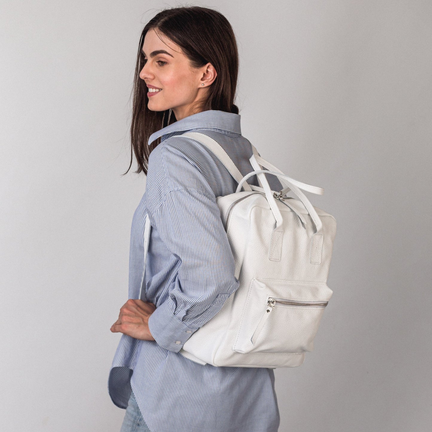 White pebbled  leather city backpack