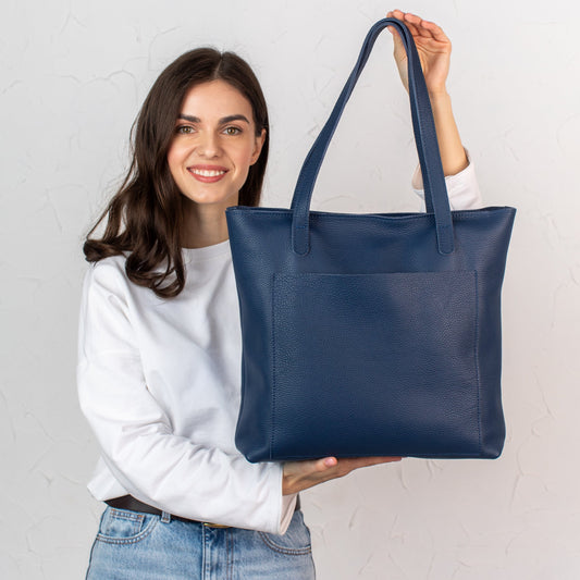 Navy Blue pebbled leather tote bag