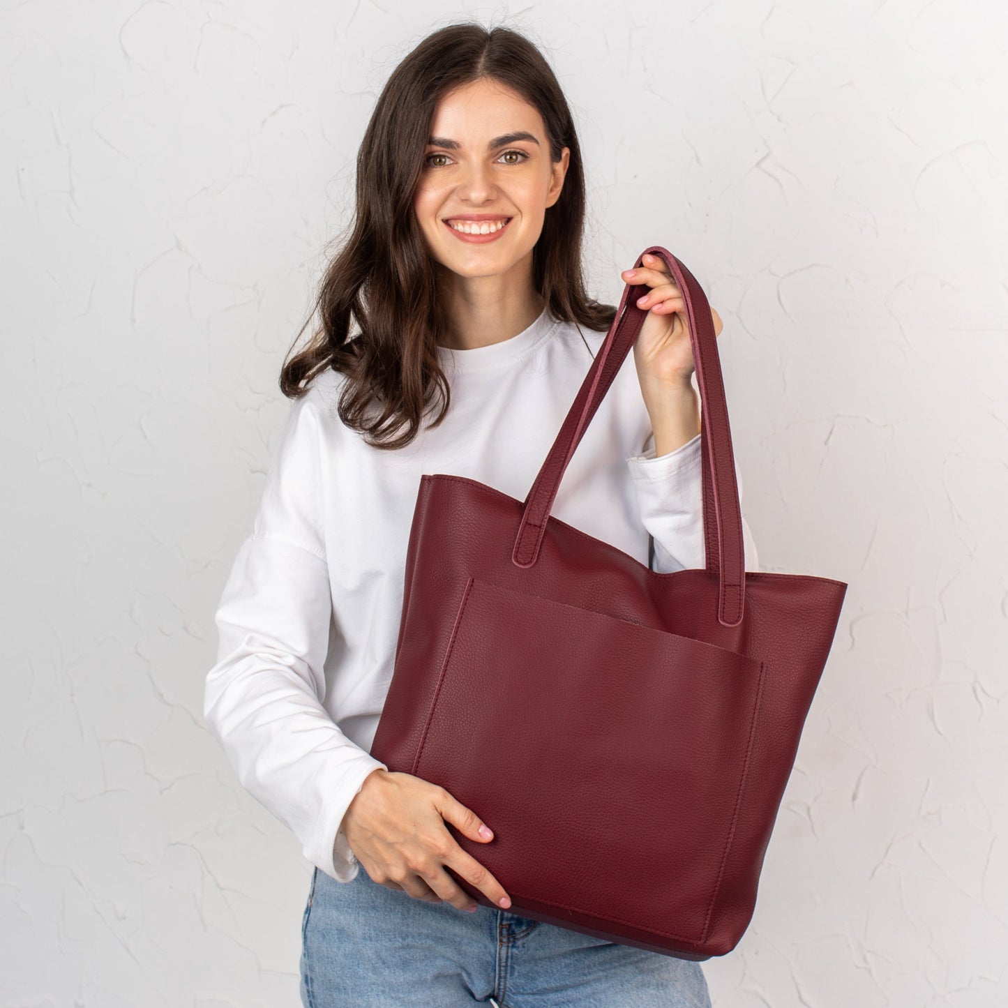 Burgundy pebbled leather tote bag