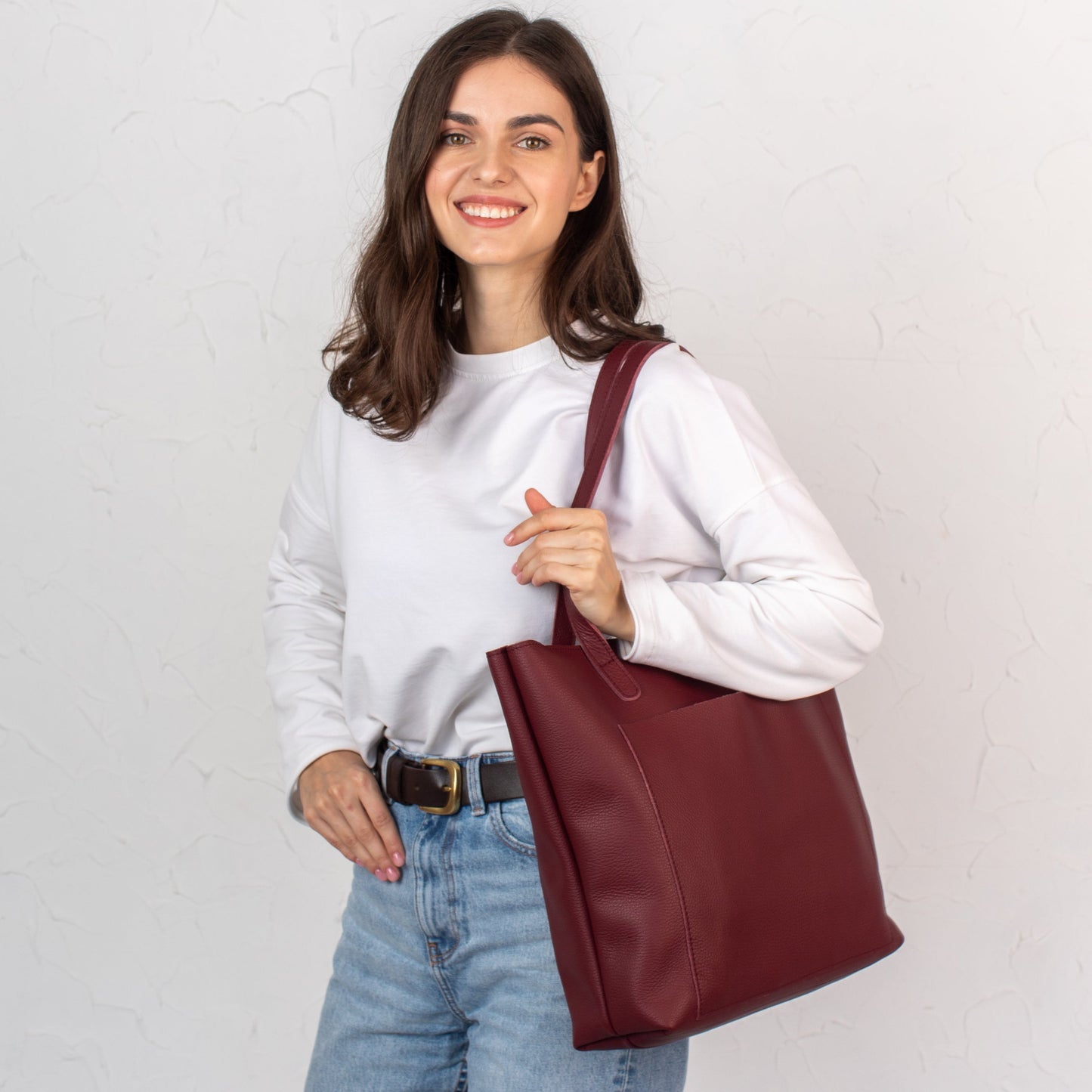 Burgundy pebbled leather tote bag