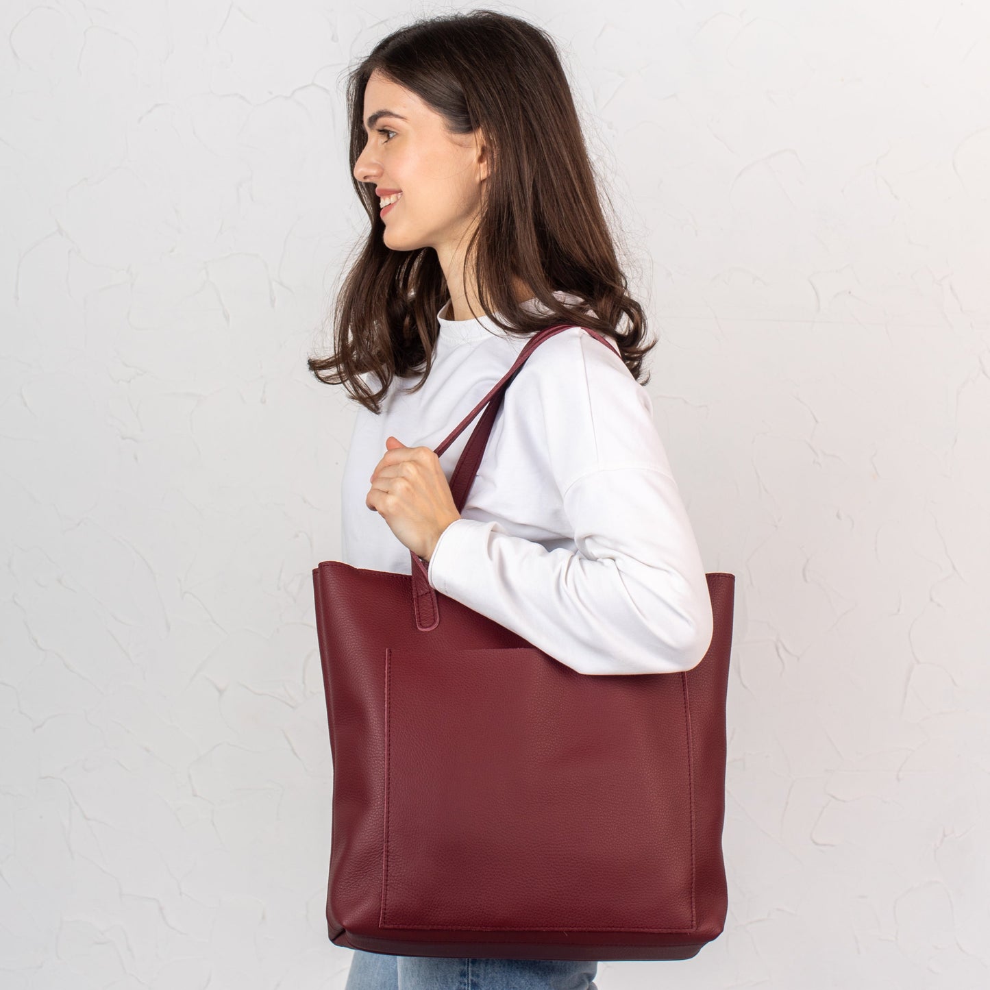 Burgundy pebbled leather tote bag