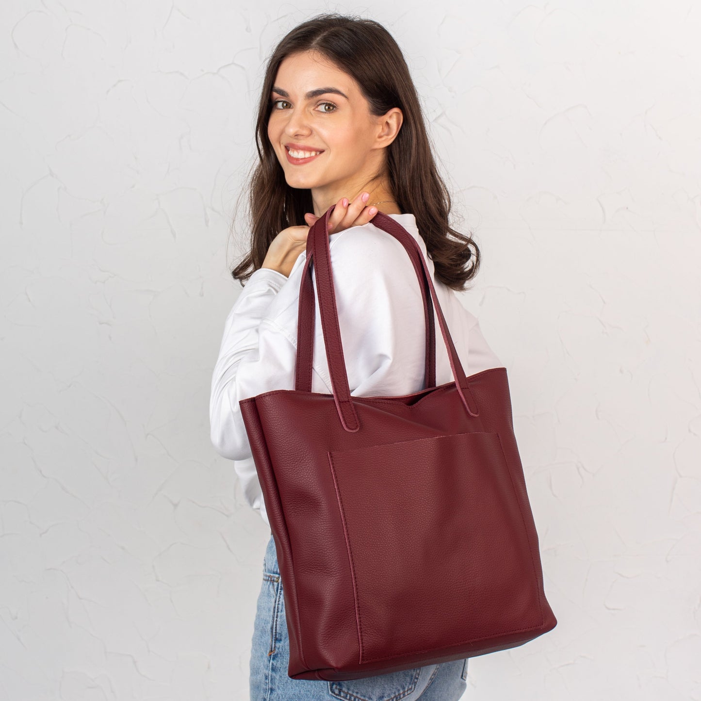 Burgundy pebbled leather tote bag