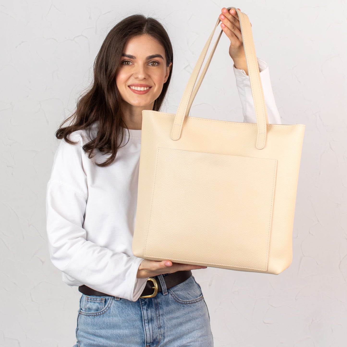 Cream pebbled leather tote bag