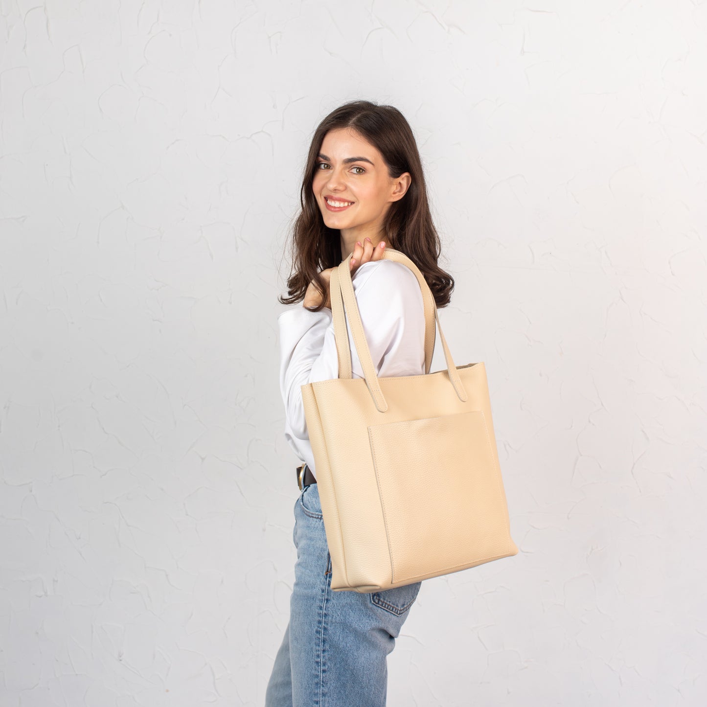 Cream pebbled leather tote bag