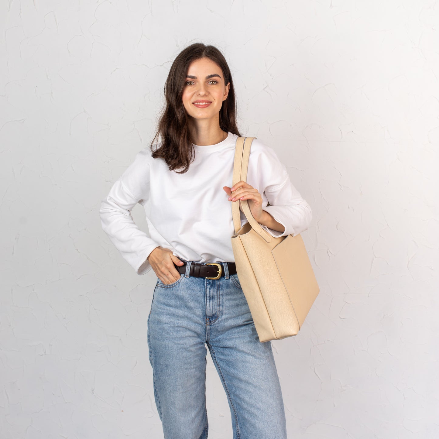 Cream pebbled leather tote bag