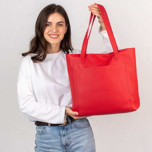 Red pebbled leather tote bag