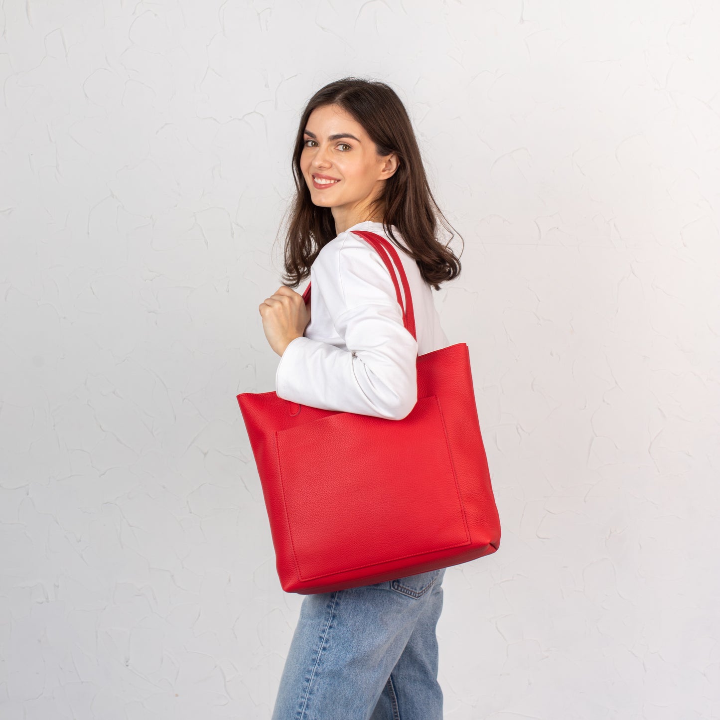 Red pebbled leather tote bag