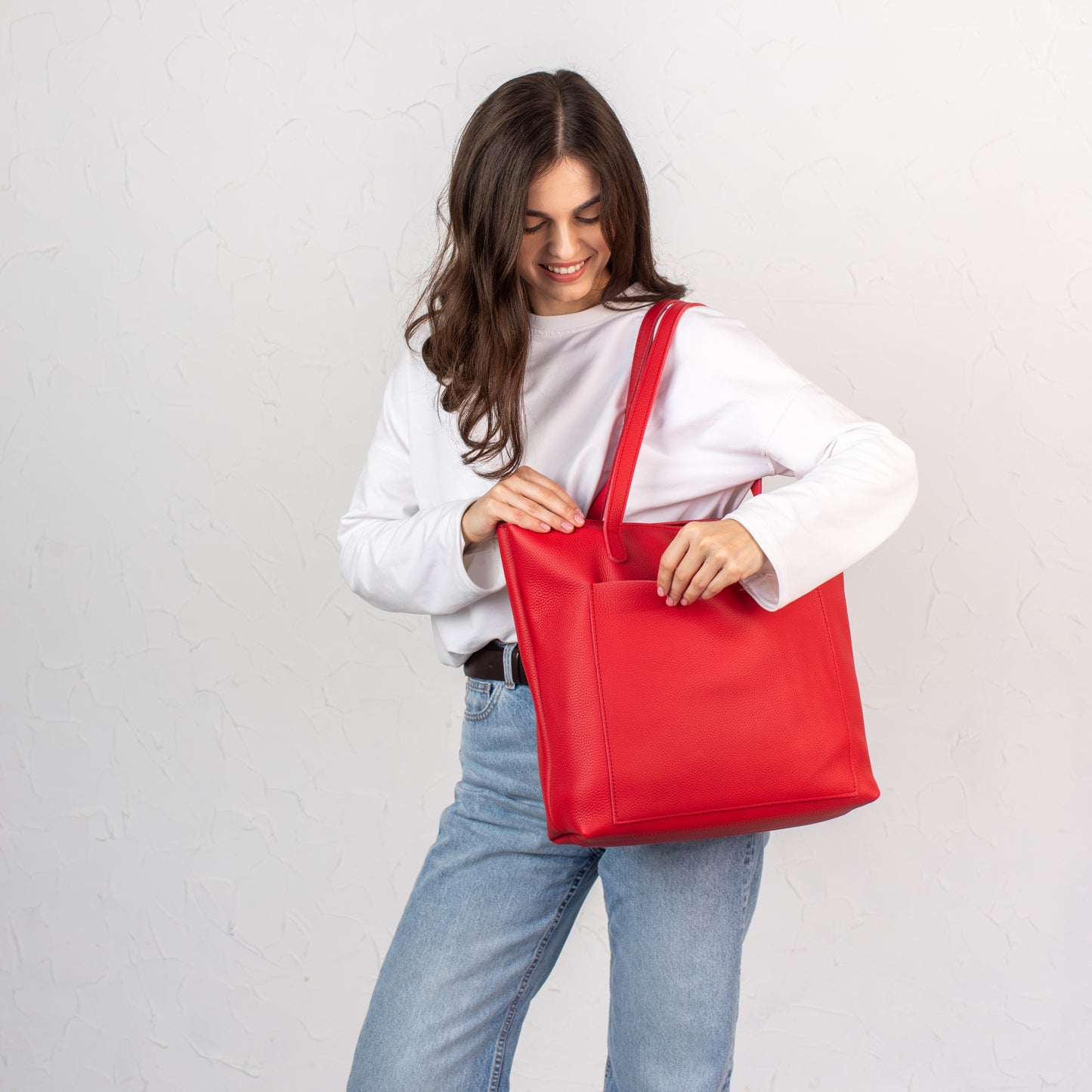 Red pebbled leather tote bag