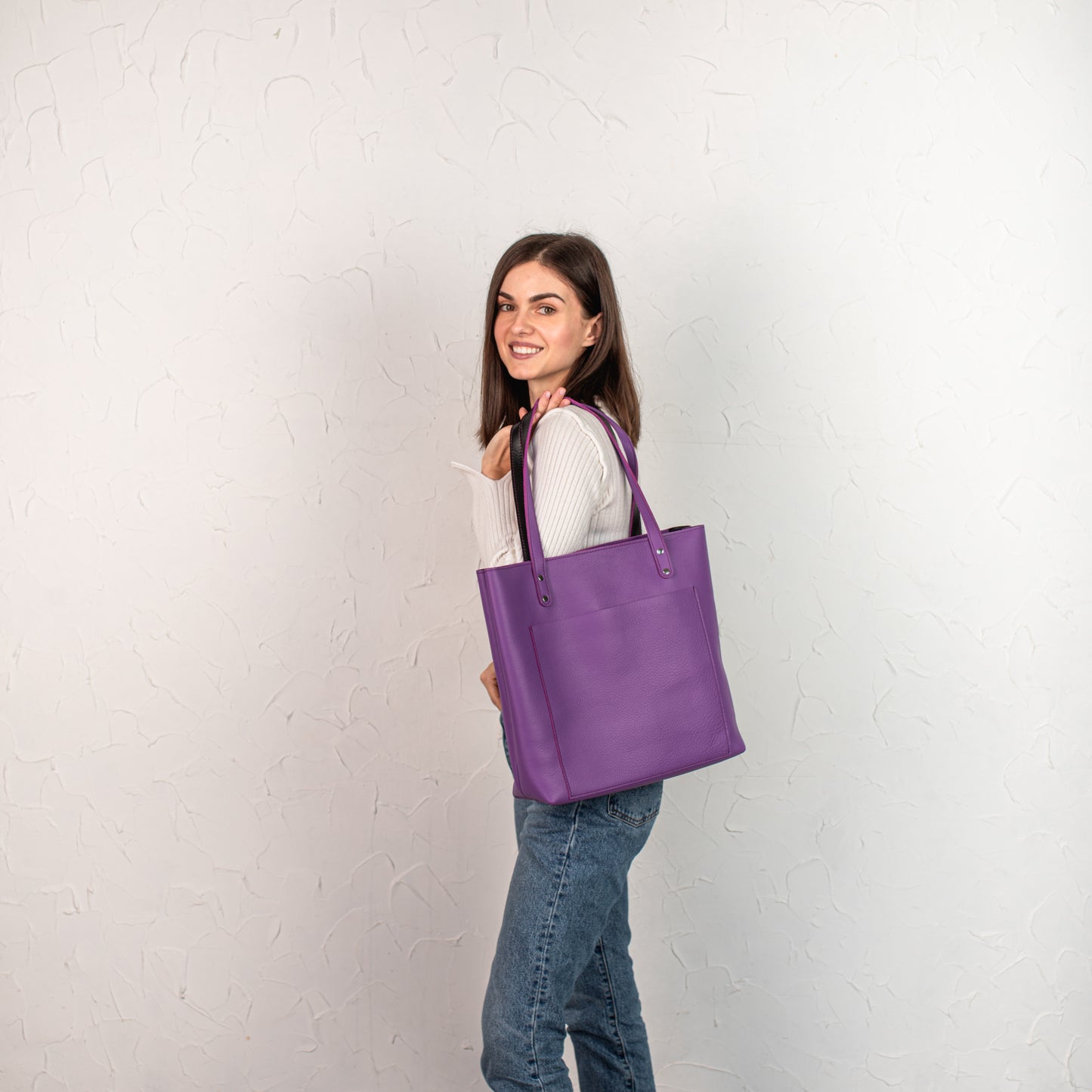 Purple leather tote bag