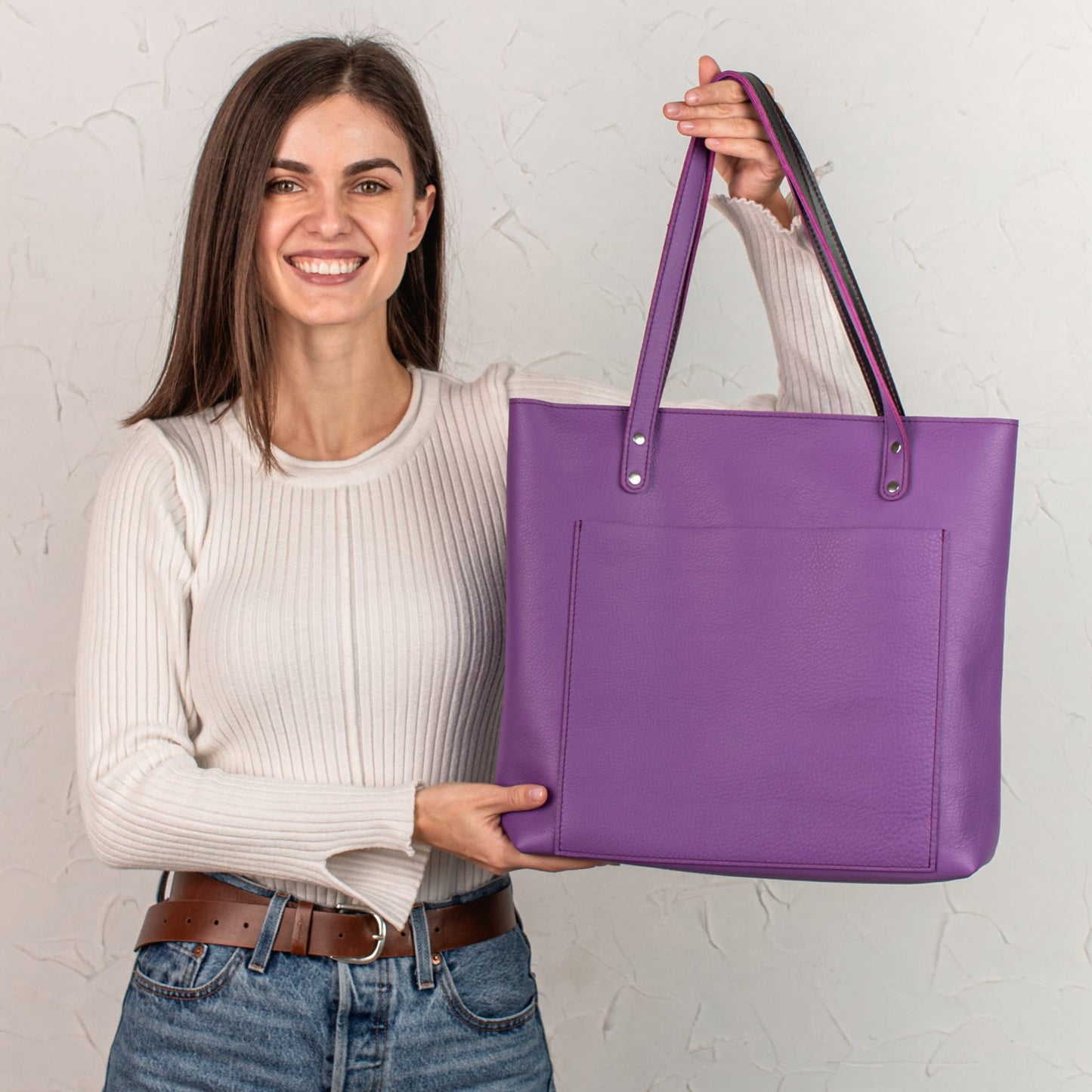 Purple leather tote bag