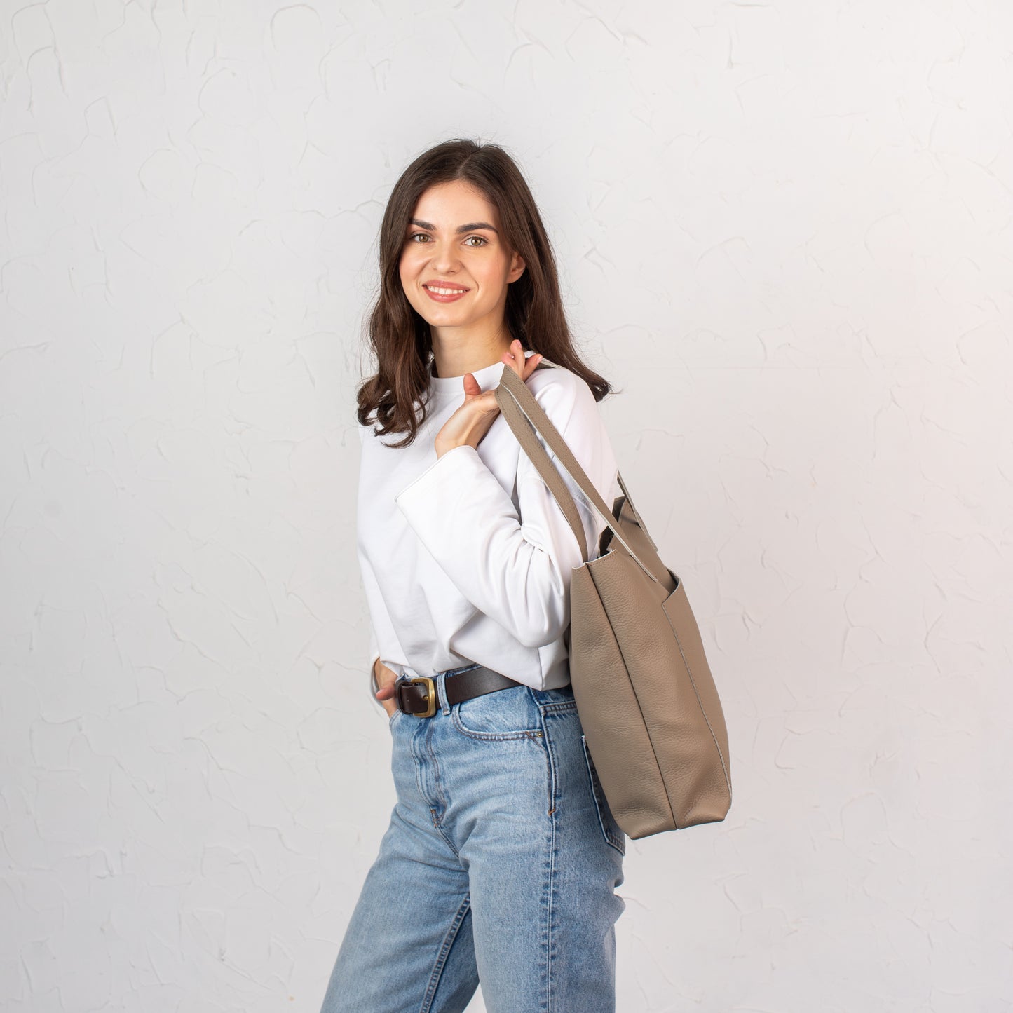 Stonish Beige pebbled leather tote bag