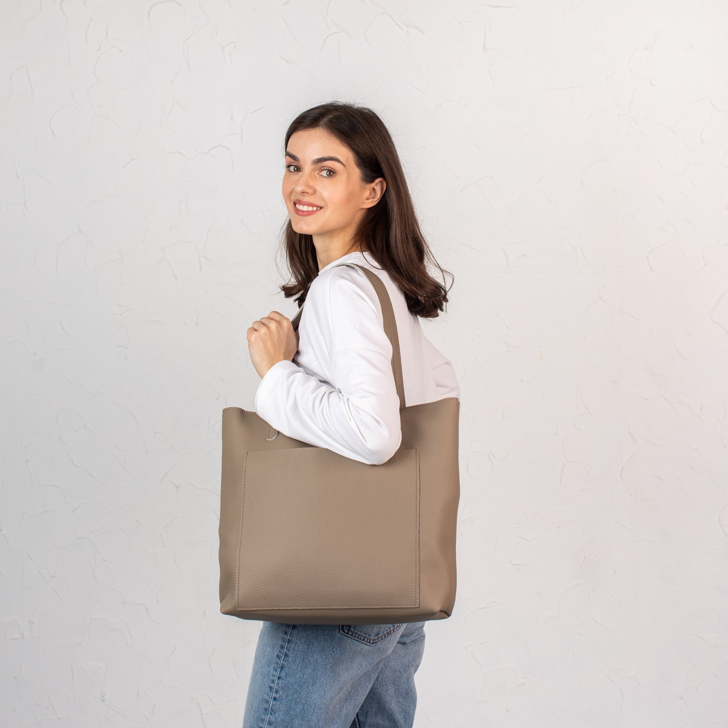 Stonish Beige pebbled leather tote bag