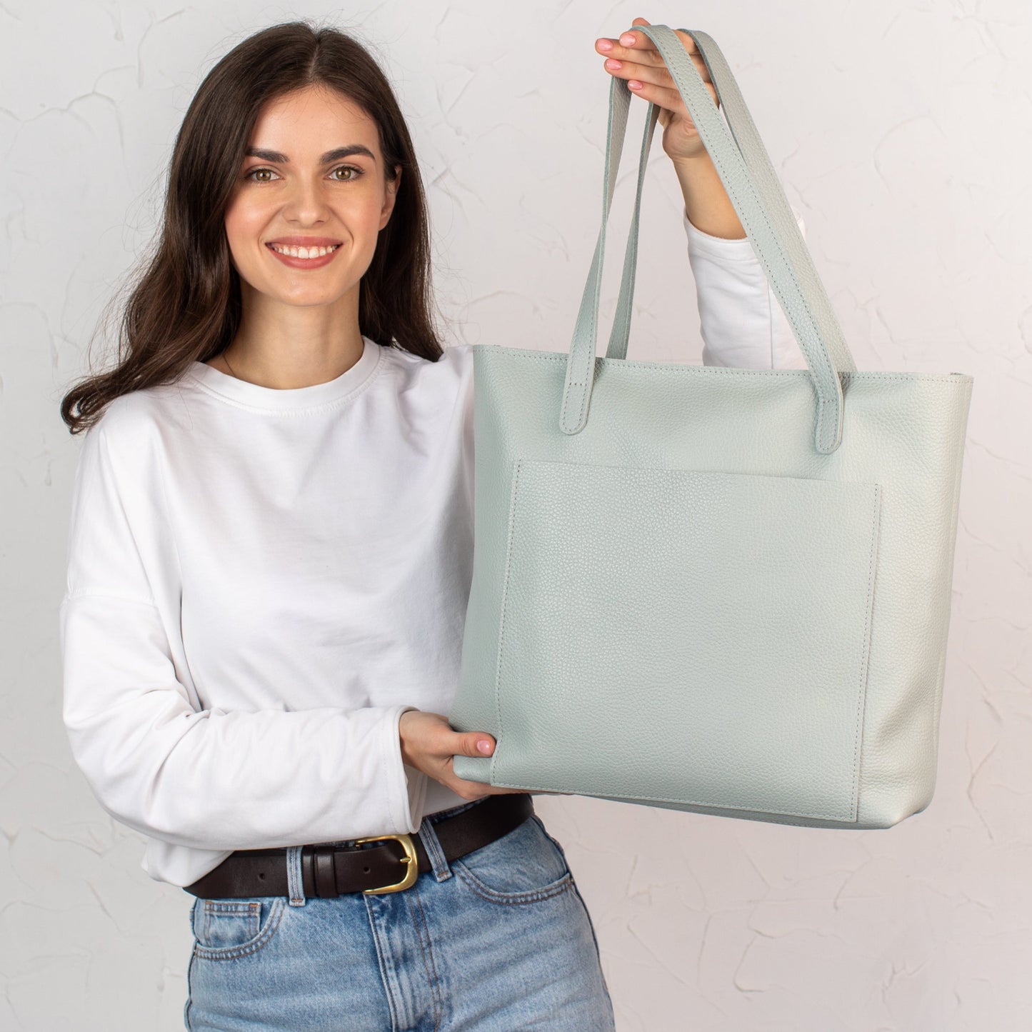 Pistachio pebbled leather tote bag