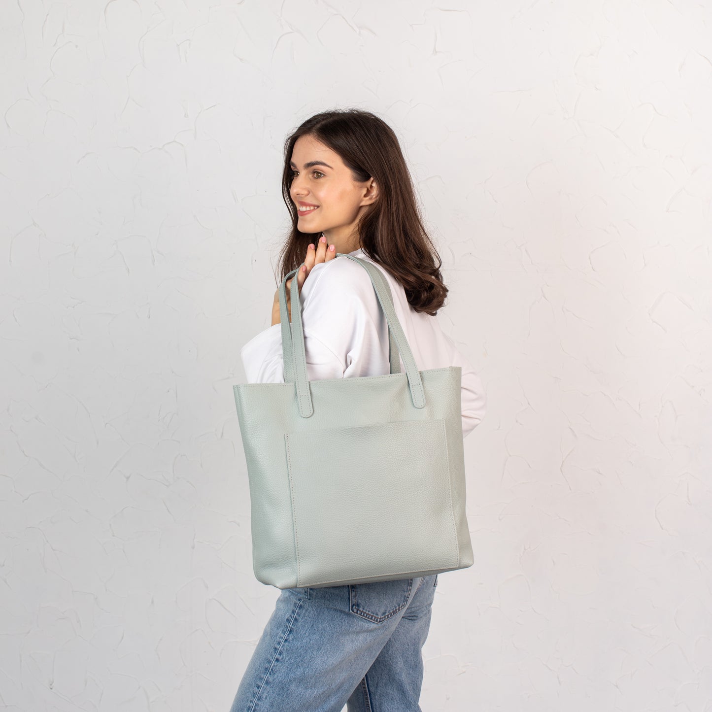 Pistachio pebbled leather tote bag