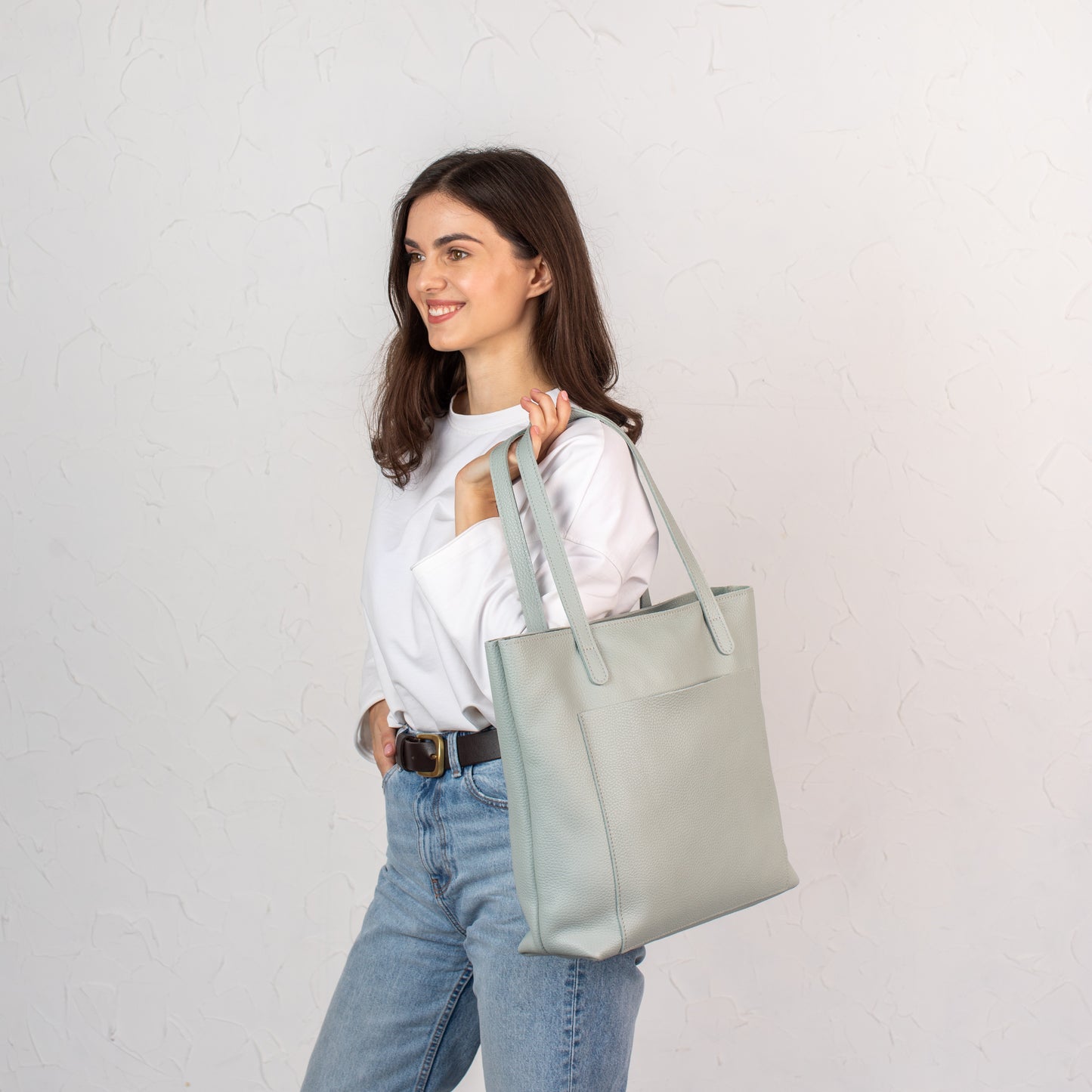 Pistachio pebbled leather tote bag