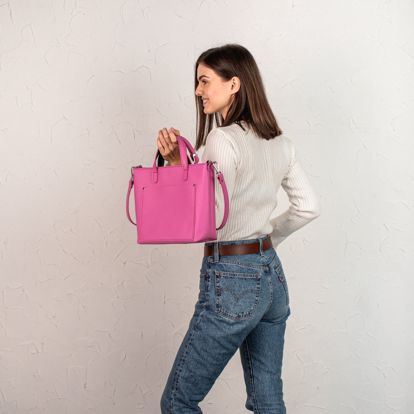 Pink double face leather mini tote bag