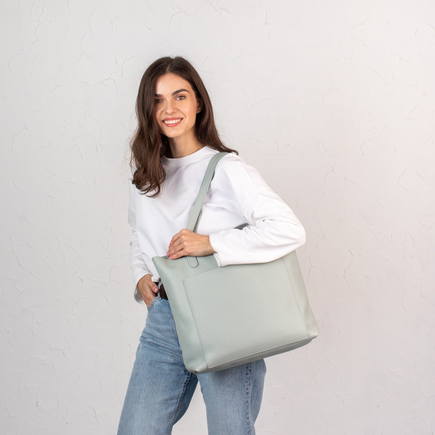 Pistachio pebbled leather tote bag