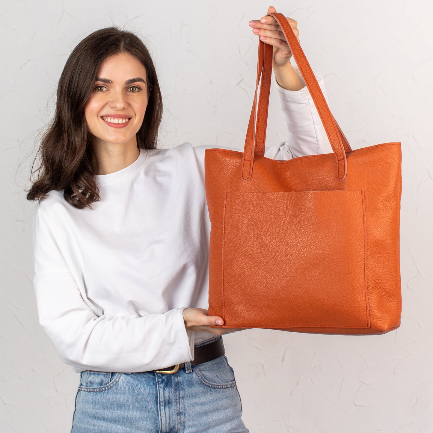 Orange pebbled leather tote bag