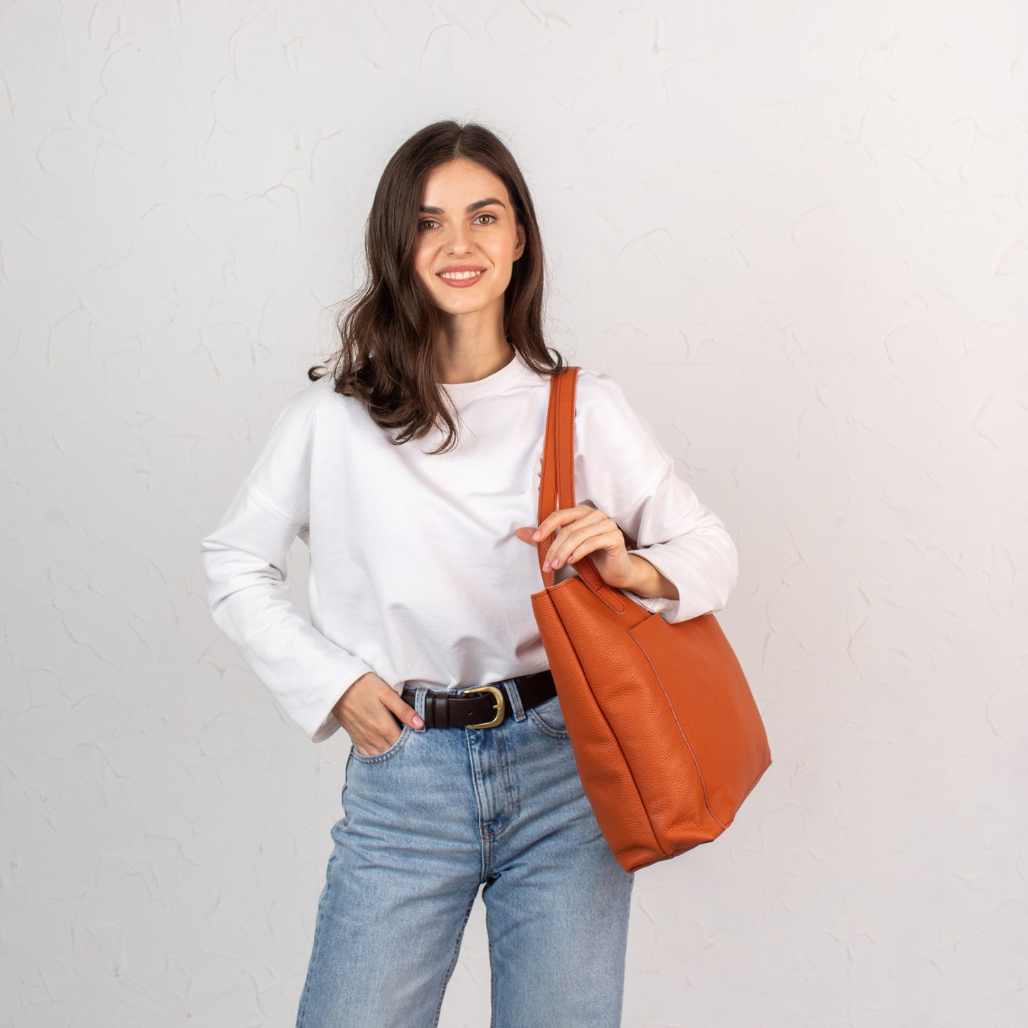 Orange pebbled leather tote bag