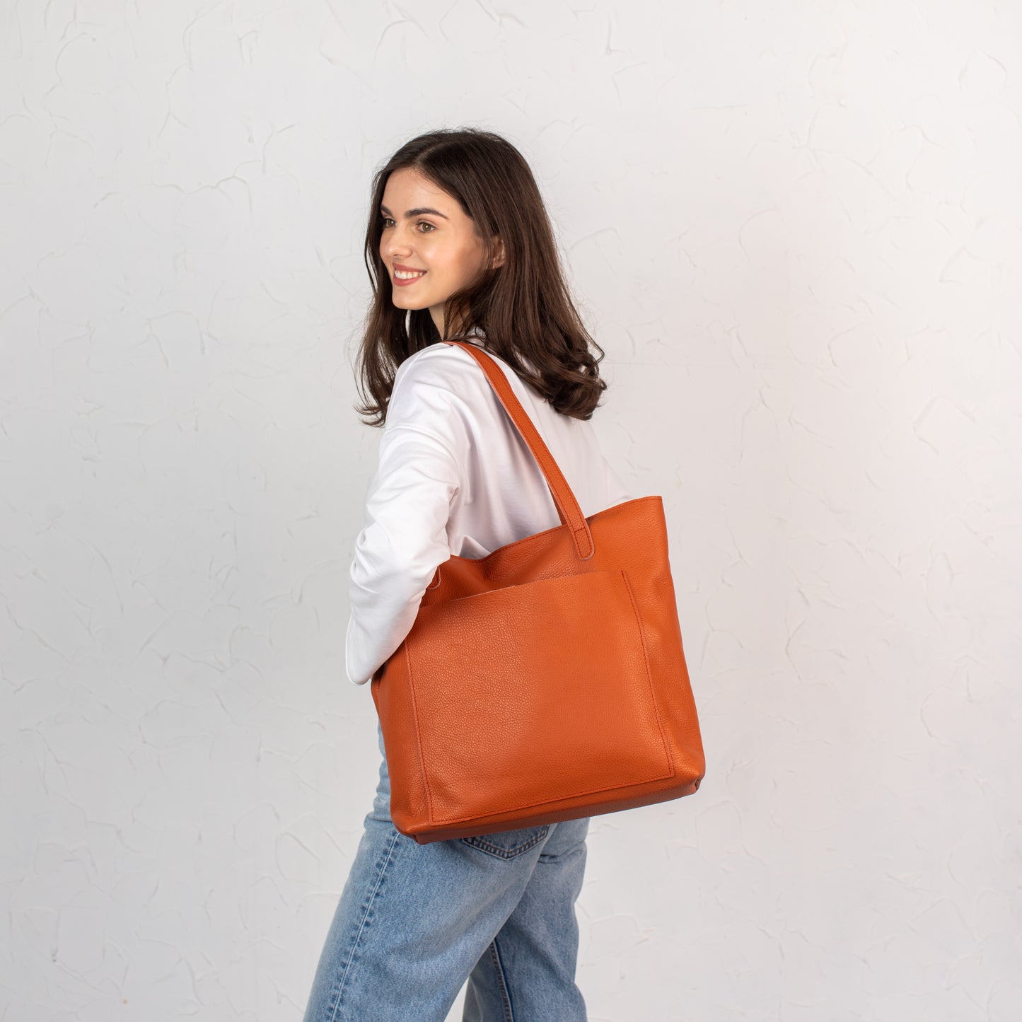 Orange pebbled leather tote bag