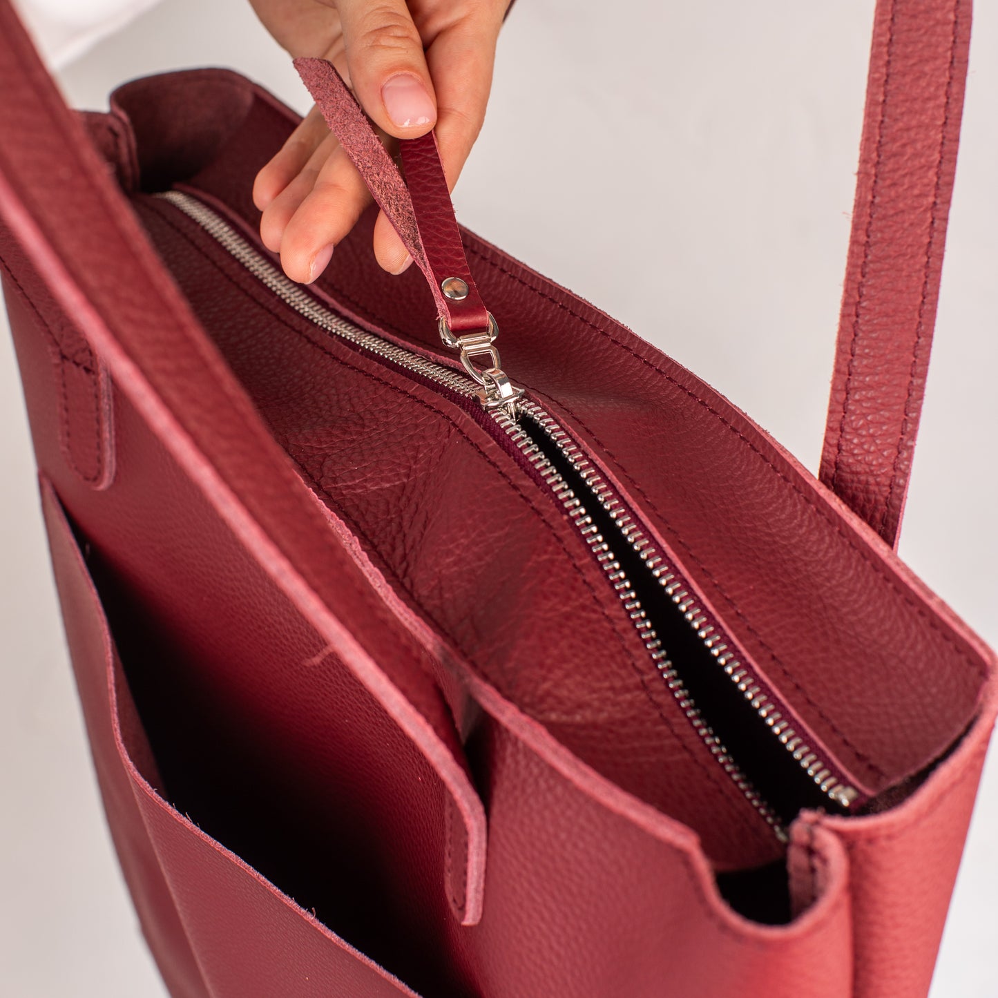 Burgundy pebbled leather tote bag