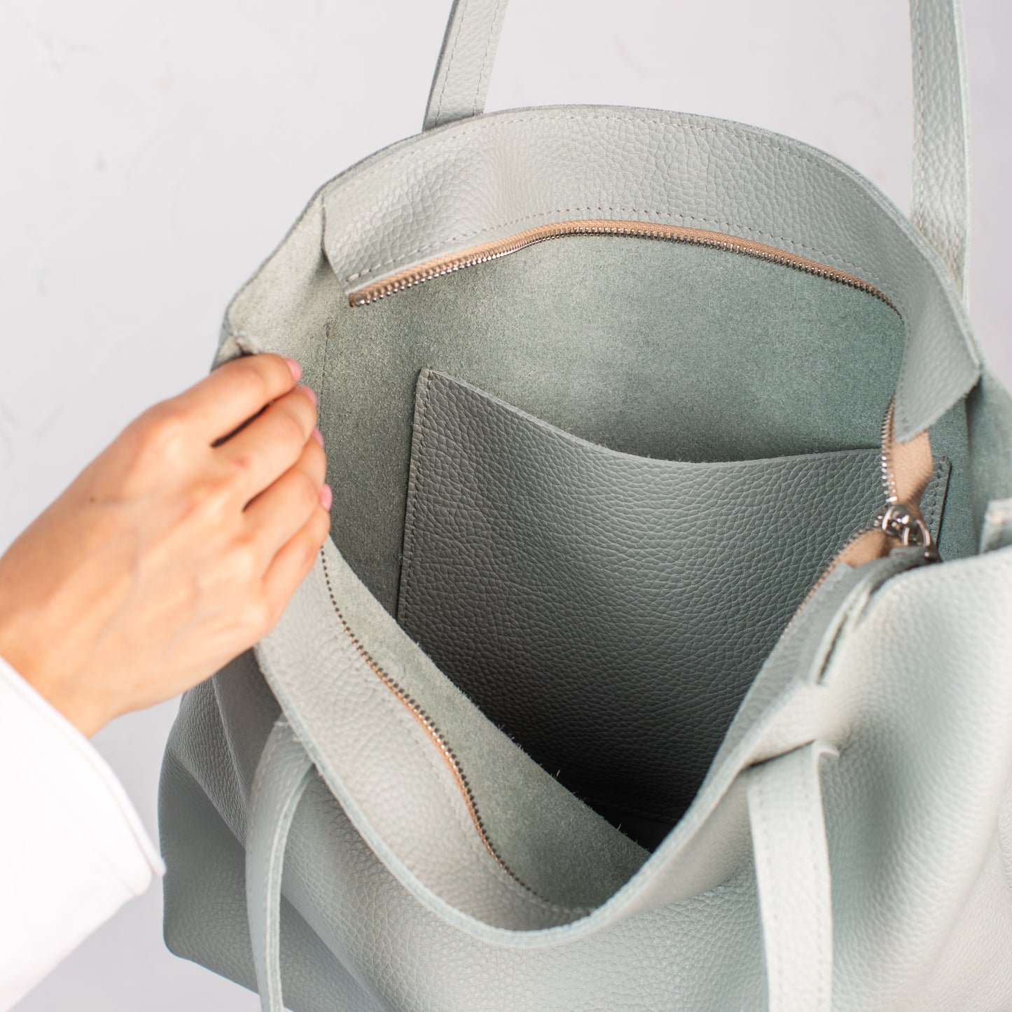 Pistachio pebbled leather tote bag