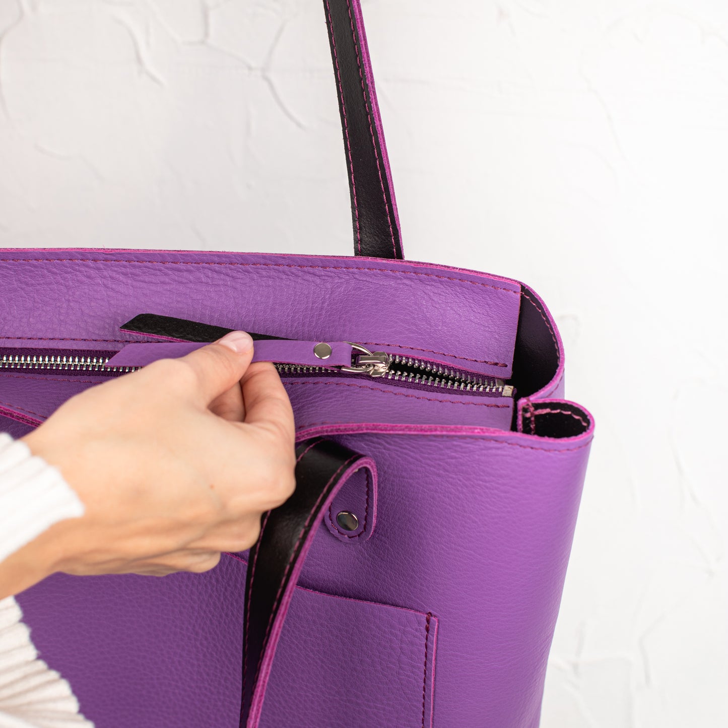 Purple leather tote bag