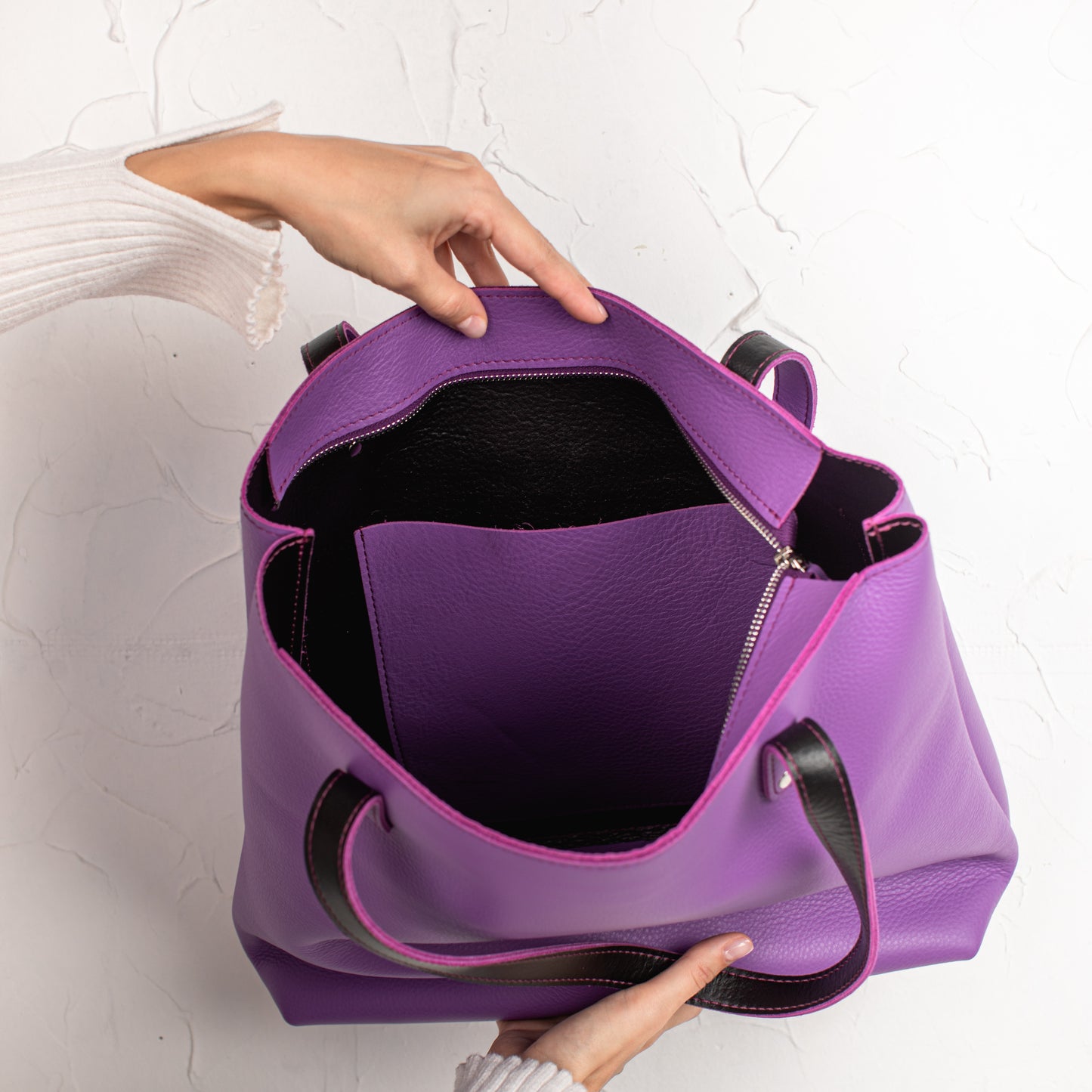 Purple leather tote bag