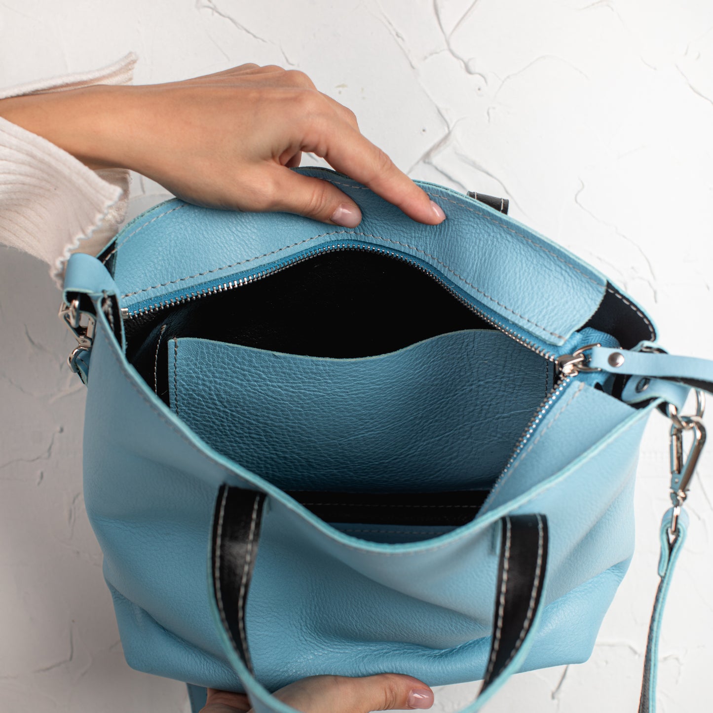 Blue double face leather mini tote bag