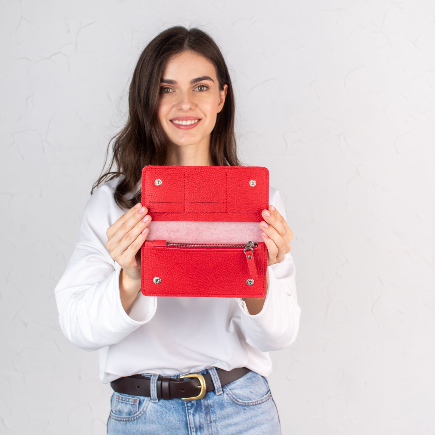 Red pebbled leather