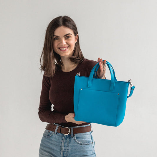 Blue leather tote bag 