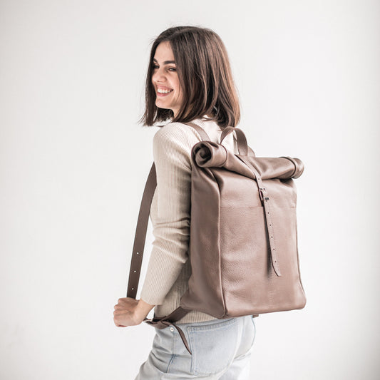 Latte pebbled leather roll-top backpack