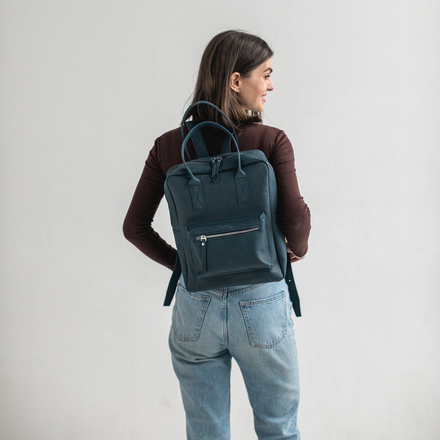 Navy blue leather city backpack