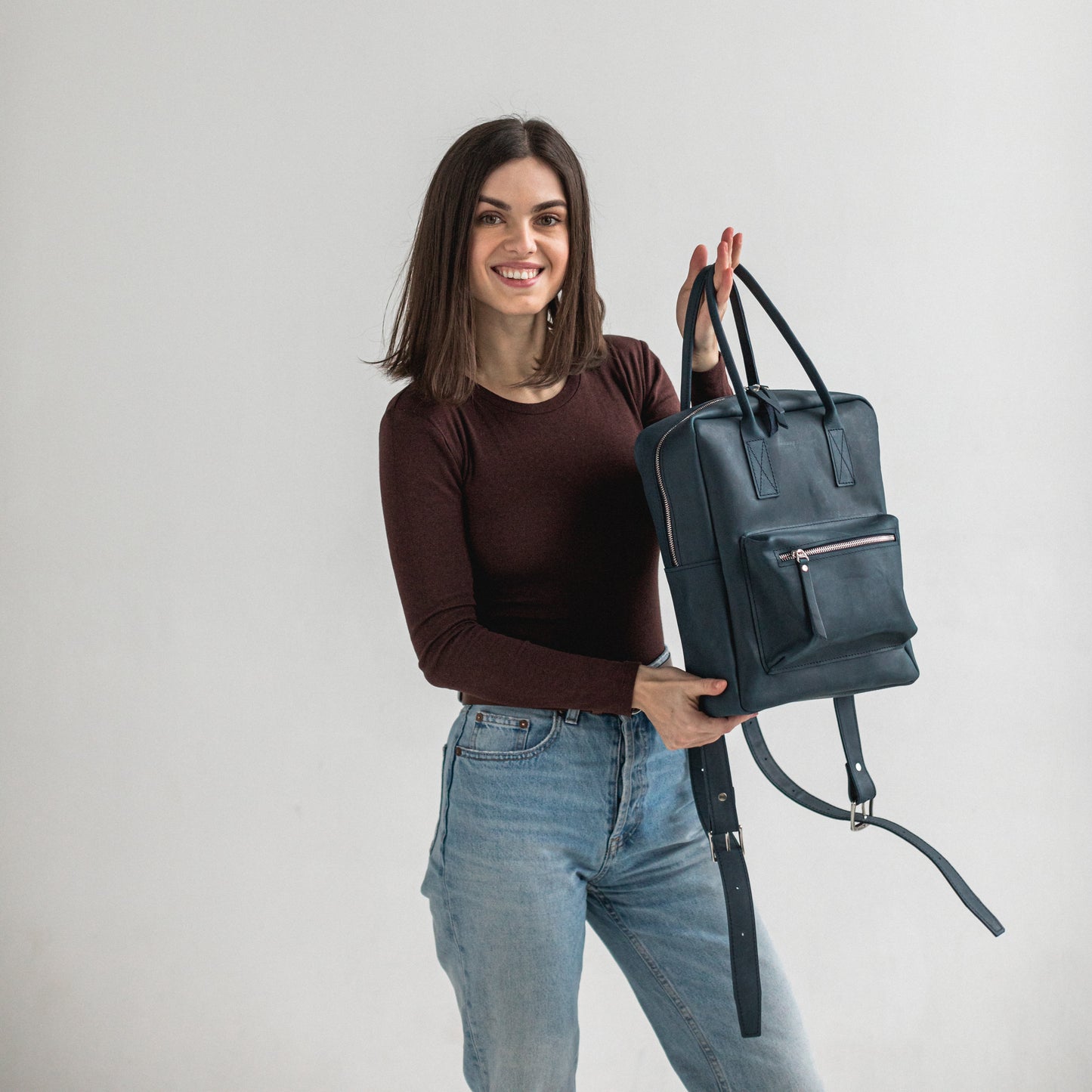 Navy blue leather city backpack