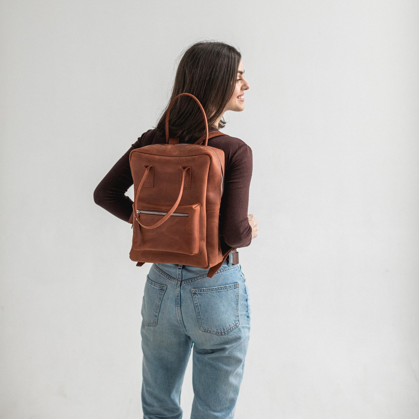 Cognac leather city backpack