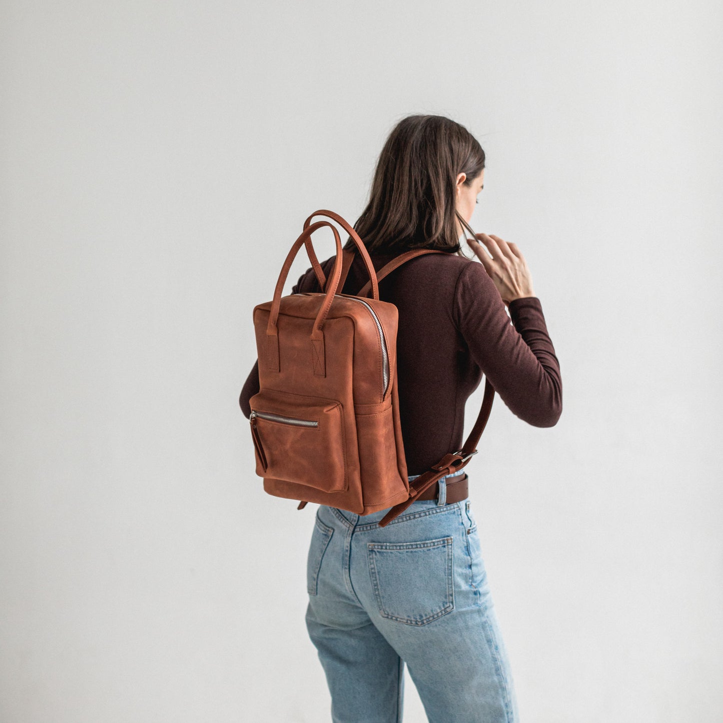 Cognac leather city backpack