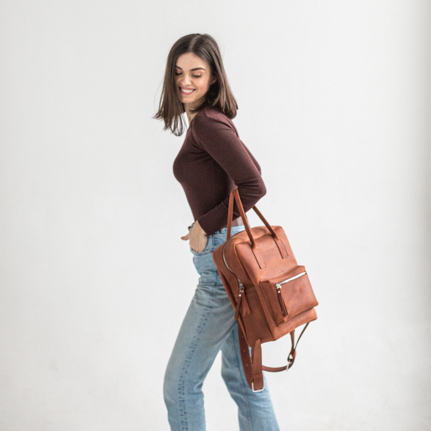 Cognac leather city backpack