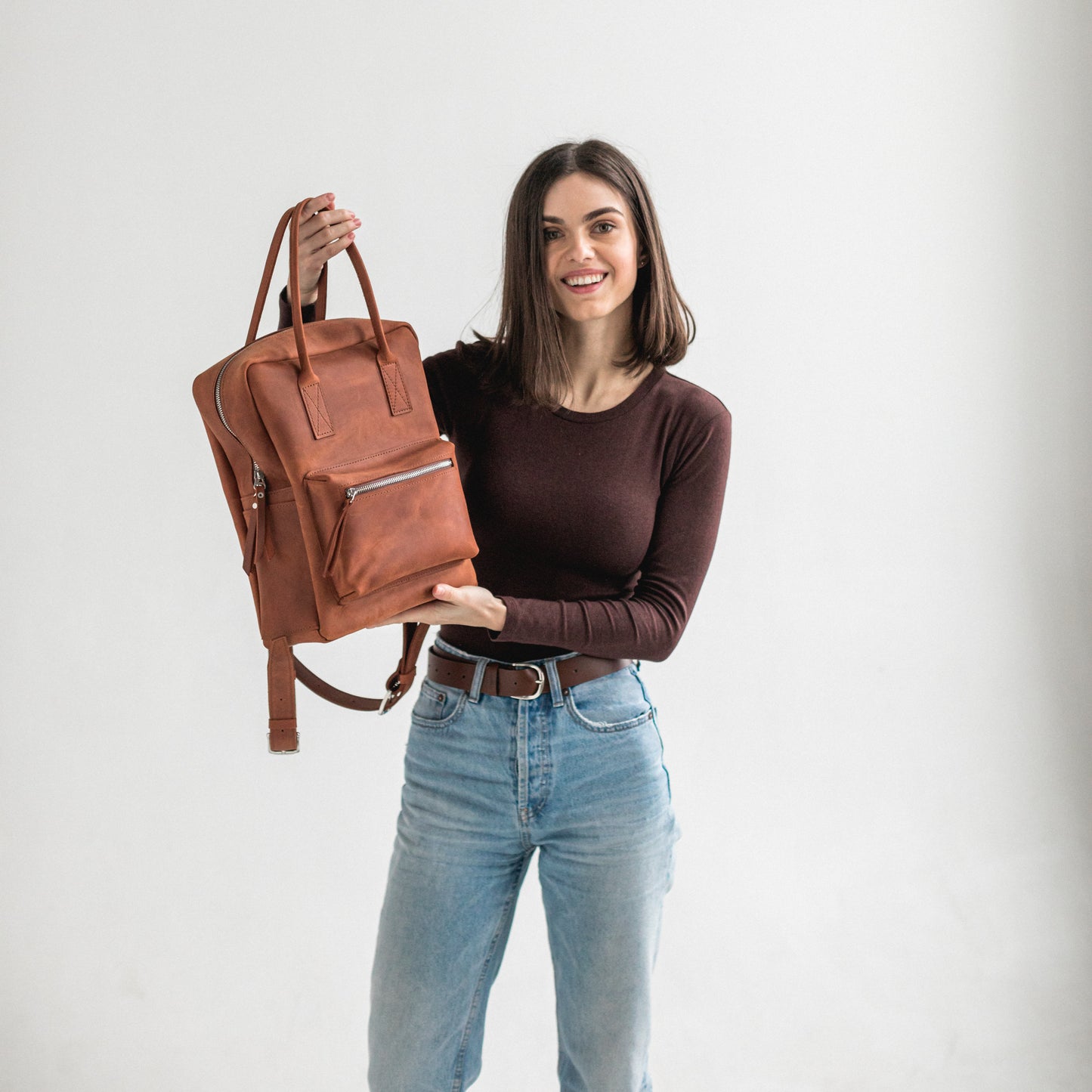 Cognac leather city backpack