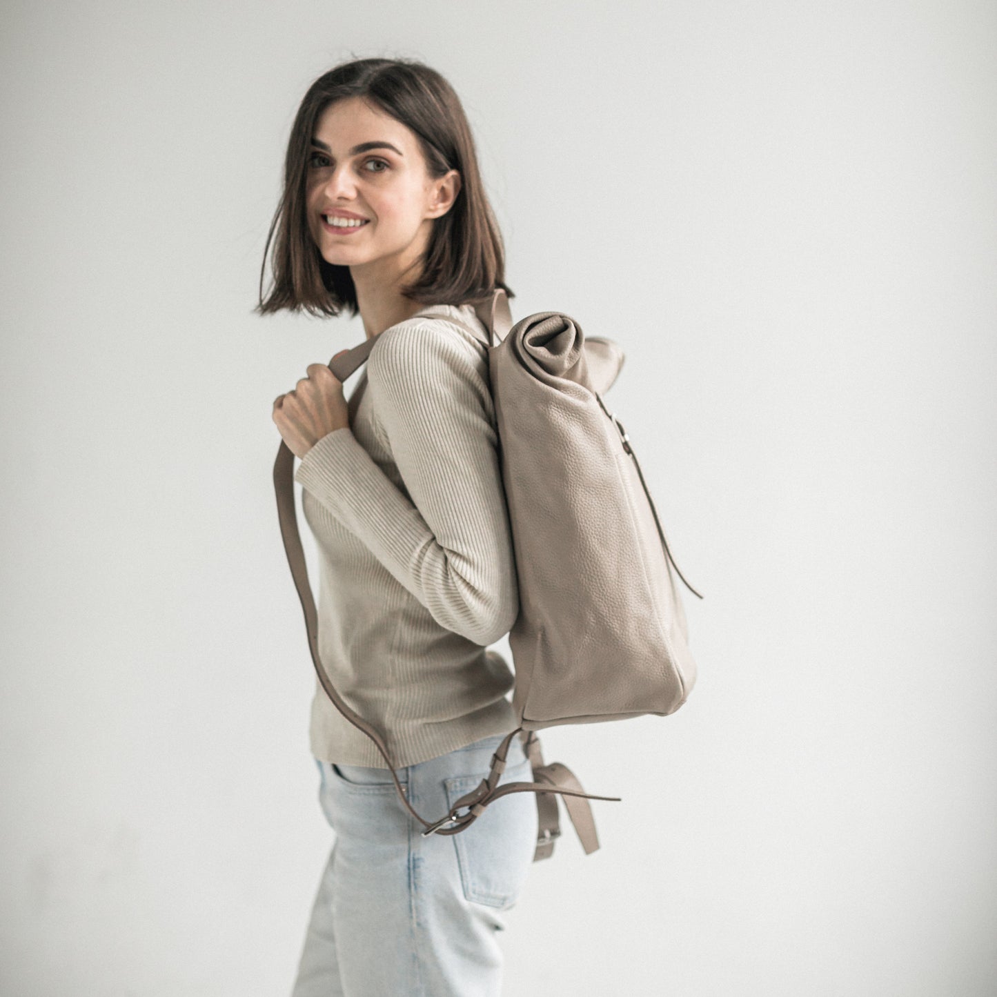 Leather rolltop backpack