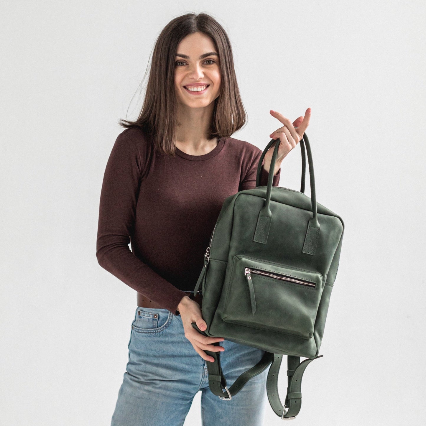 Green leather city backpack